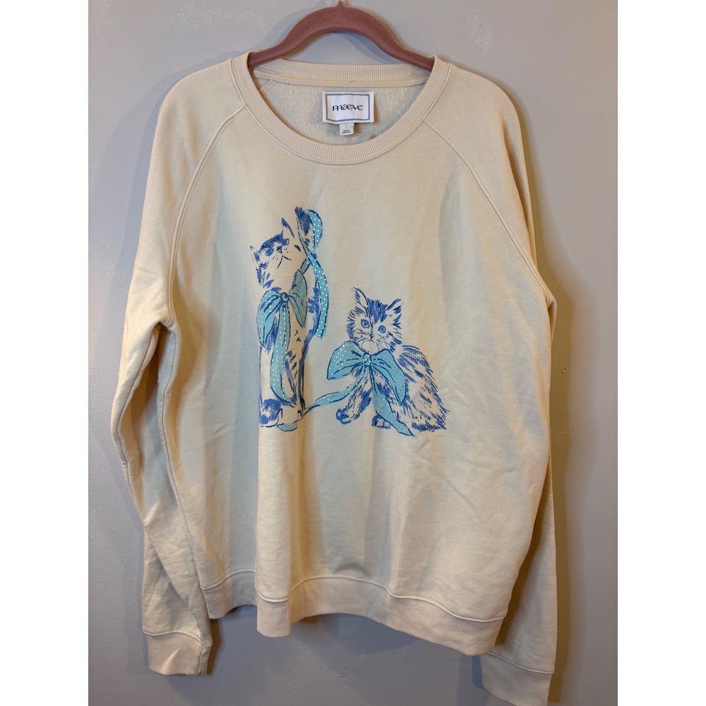 NEW Maeve ivory Kitty Cat Sweatshirt L Anthropologie